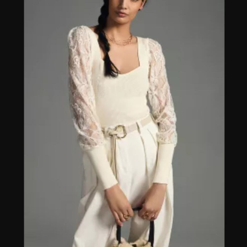 New Anthropologie Lace-Long Sleeves Cream Sweater - Size XL